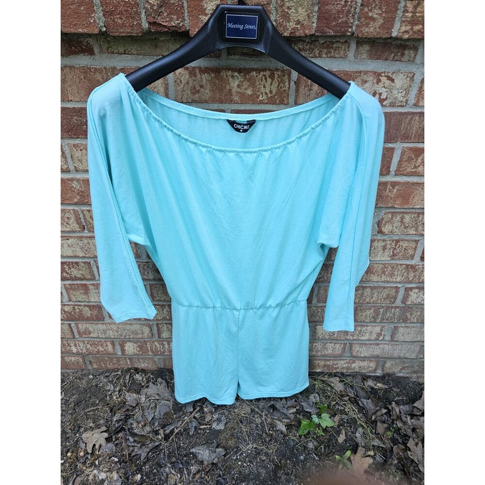 Chic Me Aqua Blue Romper Shorts Dress Summer Boat Neck Cinched Waist Medium M